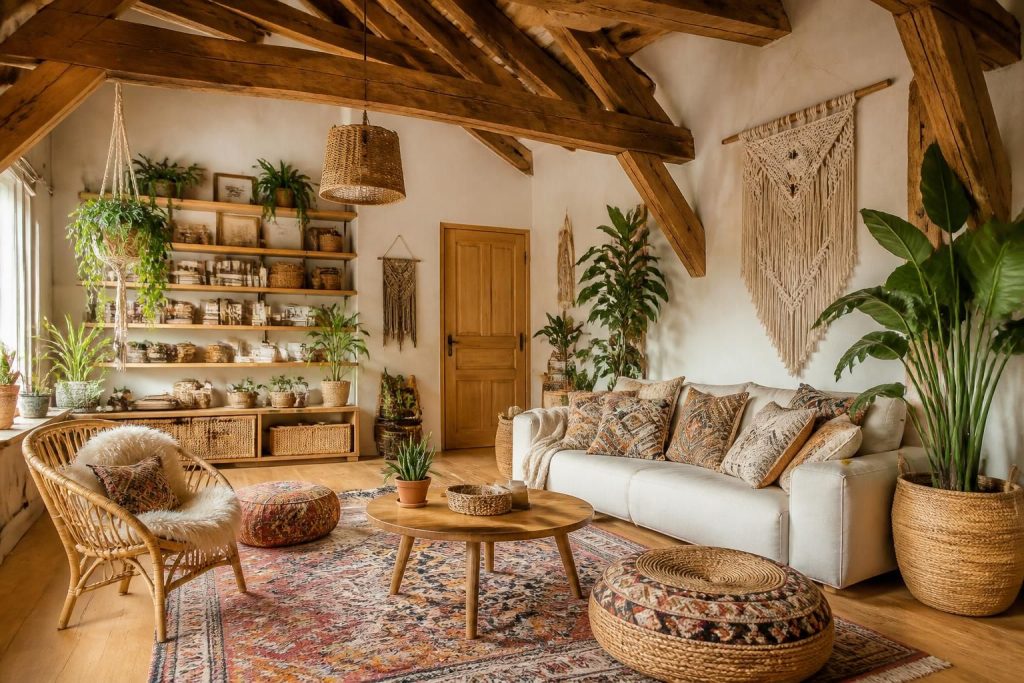 découvrez comment les poutres retroussées transforment l'ambiance de votre intérieur avec une touche bohème chaleureuse et authentique.