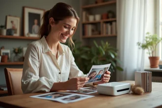 Femme installant un bar à tirages photo à domicile pour un événement familial avec une imprimante photo compacte sur une table en bois