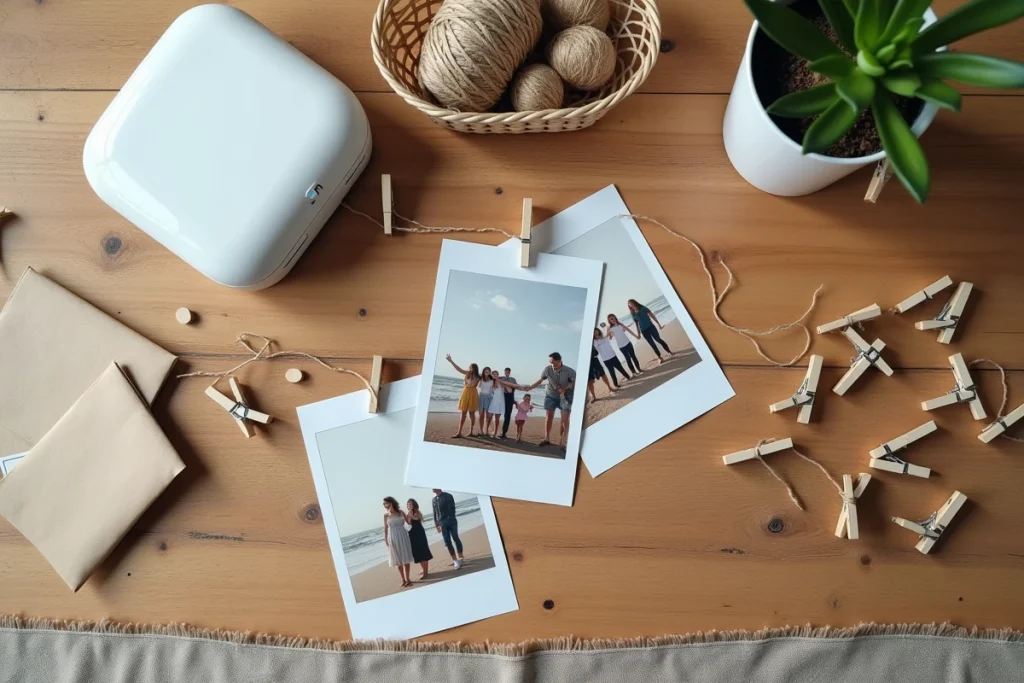 Vue de dessus d'un bar à tirages photo fait maison avec imprimante compacte, photos imprimées et accessoires de décoration pour événement familial