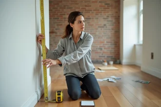 Femme mesurant la superficie d'un salon en rénovation avec un mètre ruban jaune et un carnet de notes