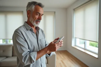 Homme examinant une télécommande Bubendorff inactive dans un salon moderne avec volet roulant partiellement descendu