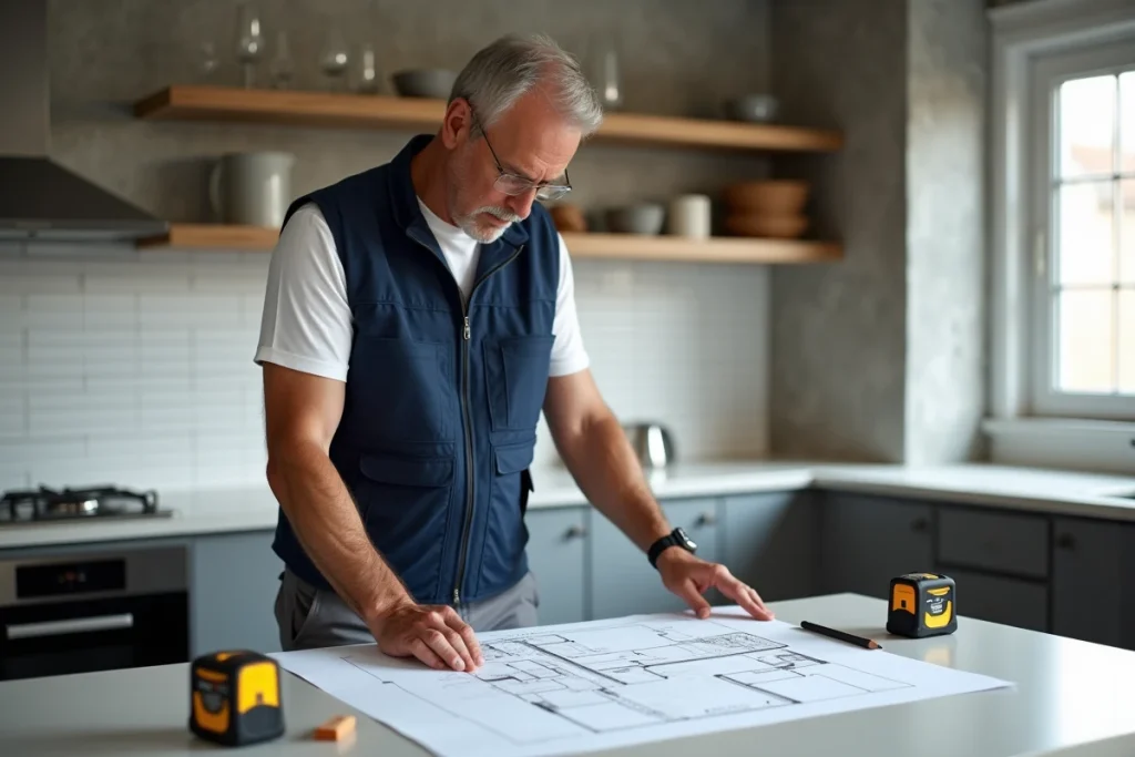 Homme consultant un plan de sol sur papier millimétré lors du calcul des surfaces d'une cuisine en rénovation