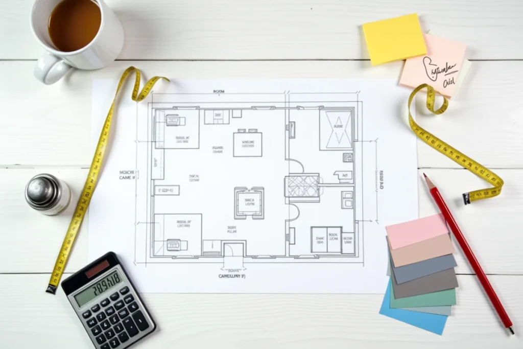 Vue aérienne d'outils de mesure et d'un plan d'architecture pour calculer la superficie de chaque pièce avant rénovation