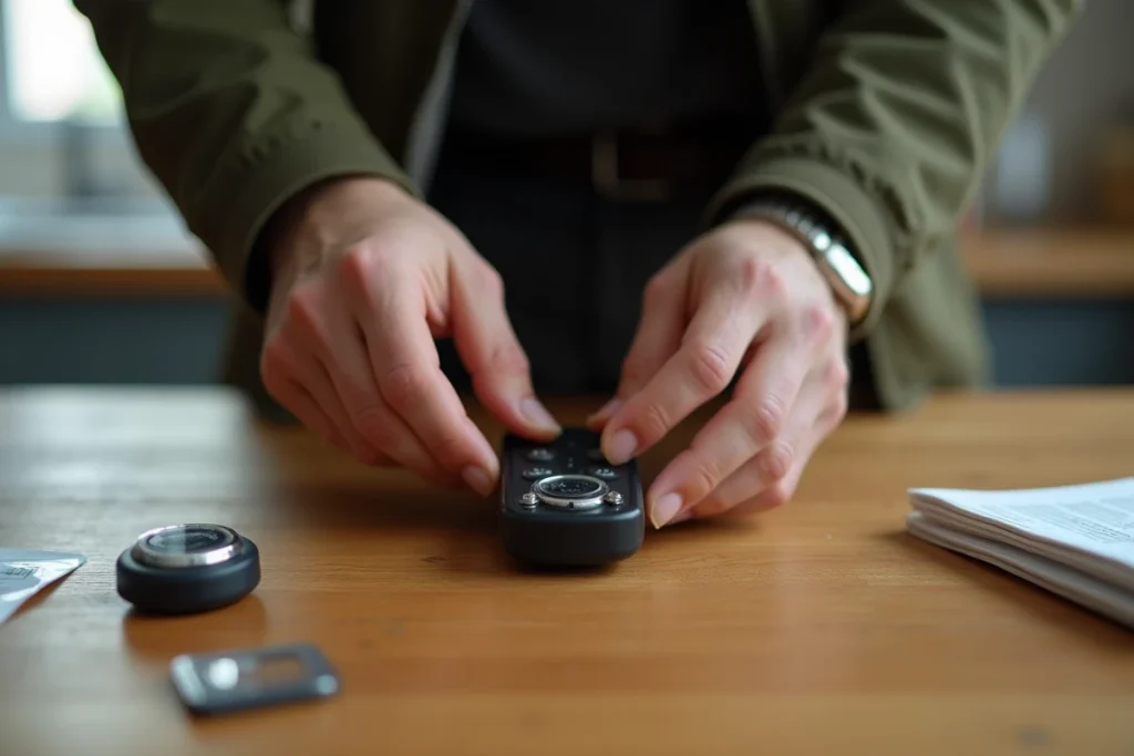 Remplacement de la pile d'une télécommande Bubendorff posée sur une table en bois dans une cuisine