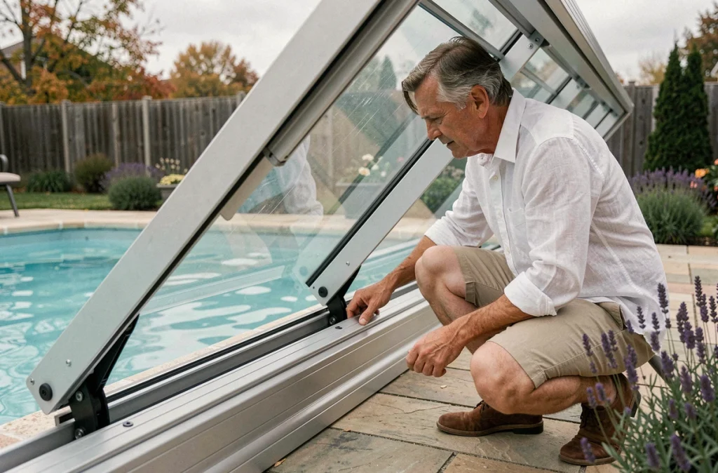 Abri de piscine bas rétractable partiellement ouvert avec système de rails visible sur une terrasse en pierre