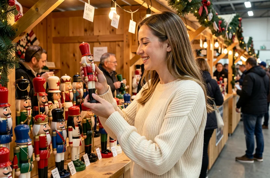 Jeune femme examinant des casse-noisettes colorés sur un stand de marché de Noël couvert avec des guirlandes décoratives
