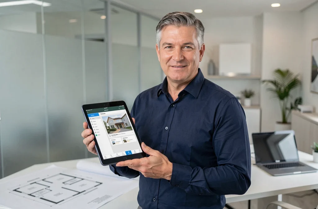 Agent immobilier consultant l'application lamaison360 sur une tablette dans une agence immobilière moderne pour évaluer les services et tarifs