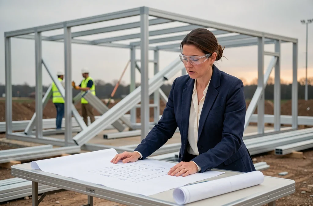 Architecte vérifiant des plans techniques devant une ossature légère en cornières aluminium en cours d'assemblage sur chantier