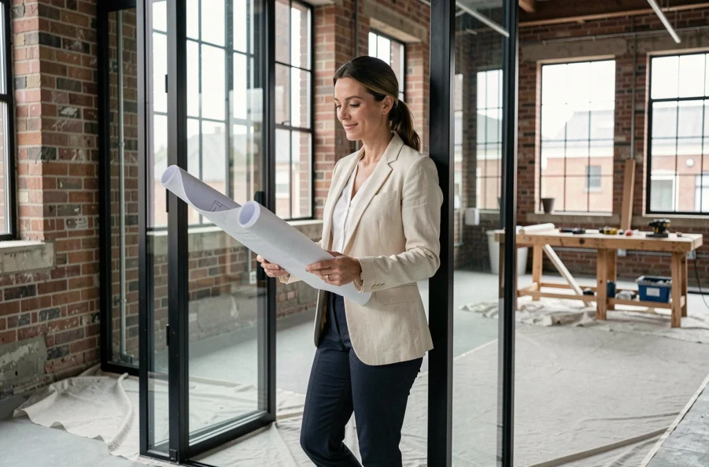 Architecte d'intérieur devant une verrière en cours d'installation dans un loft industriel rénové