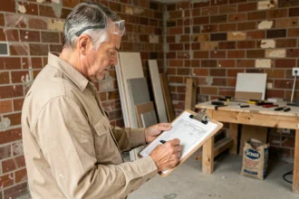 Artisan qui examine un devis de rénovation sur un chantier de cuisine en travaux
