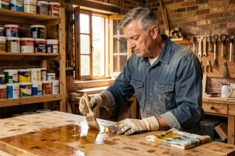 Artisan appliquant de l'huile de lin sur du bois dans un atelier ventilé avec fenêtre ouverte