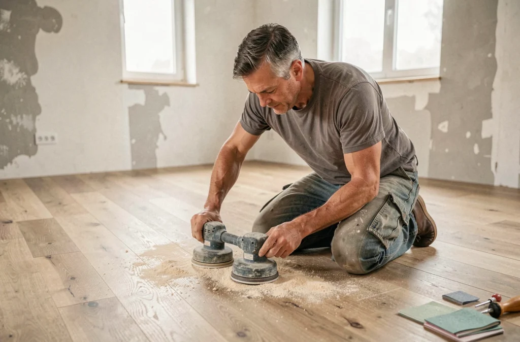 Artisan ponçant un parquet massif en bois lors d'une rénovation d'appartement, vue en cours de travaux