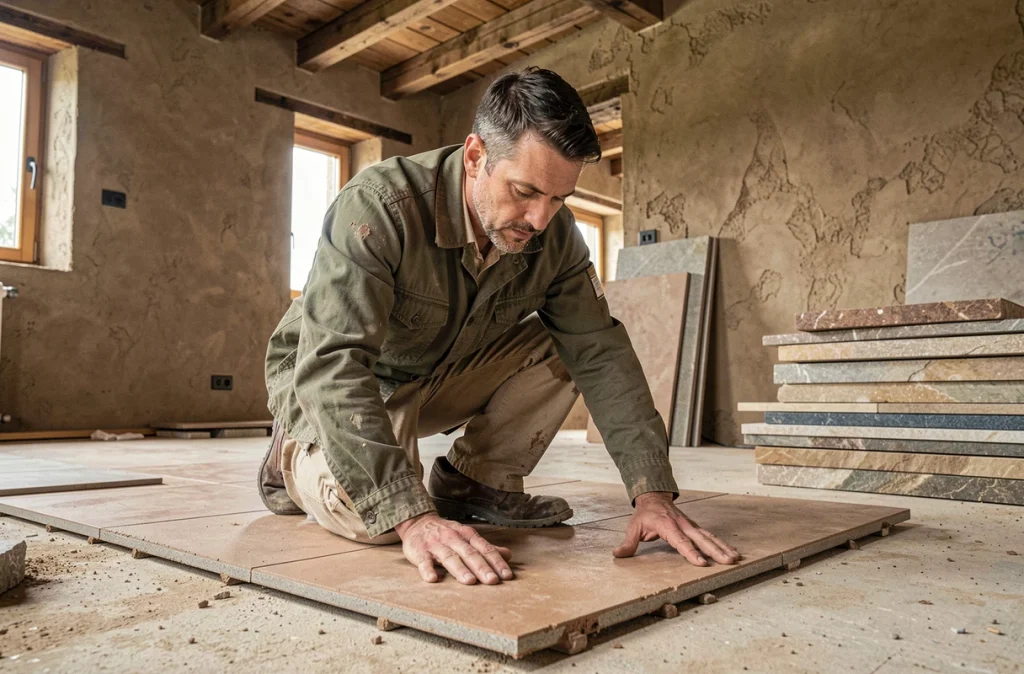 Artisan posant des carreaux en argile recyclée lors d'une rénovation écologique intérieure