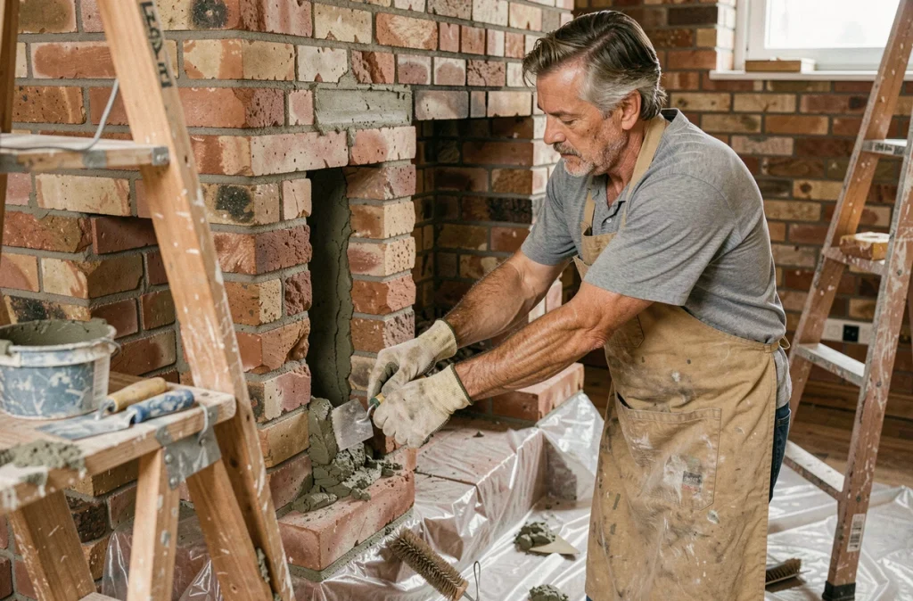 Artisan en train de rénover l'intérieur d'une vieille cheminée en briques avec du mortier de chaux dans un salon en cours de travaux