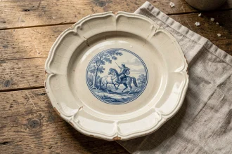 Assiette en faïence de Moustiers XVIIIe siècle avec décor bleu cobalt, motif de chasse et craquelures d'authenticité visibles sur fond de table en chêne ancien