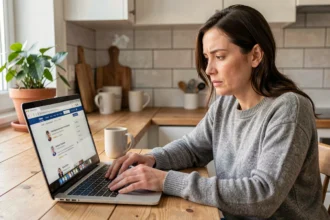 Femme consultant des avis clients sur un site de services à domicile depuis son appartement