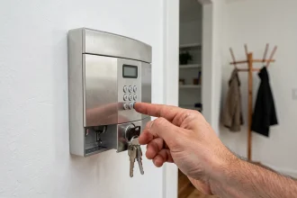 Boîte à clés murale avec code numérique installée près d'une porte d'entrée, main saisissant le code sur le clavier tactile