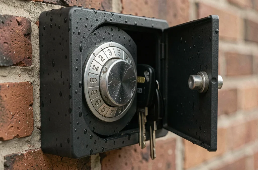 Gros plan d'une boîte à clés sécurisée à code installée sur un mur de briques extérieur avec traces d'usage et clés visibles