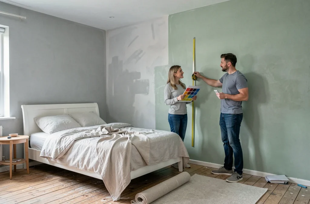 Couple mesurant les murs d'une chambre en cours de peinture avec un mètre ruban et un nuancier pour calculer la surface et le budget