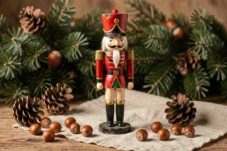 Casse-noisette traditionnel en bois peint en soldat rouge et or posé sur une table rustique entourée de noisettes et de pommes de pin