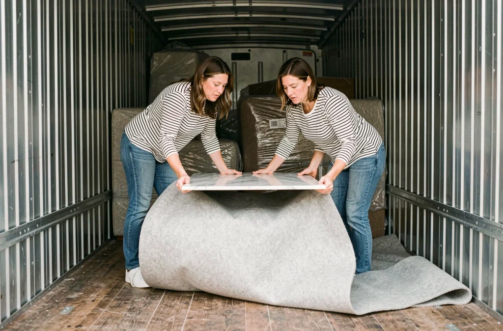 Deux femmes chargeant une table en marbre emballée dans une couverture de déménagement dans un camion de transport pour éviter les dommages