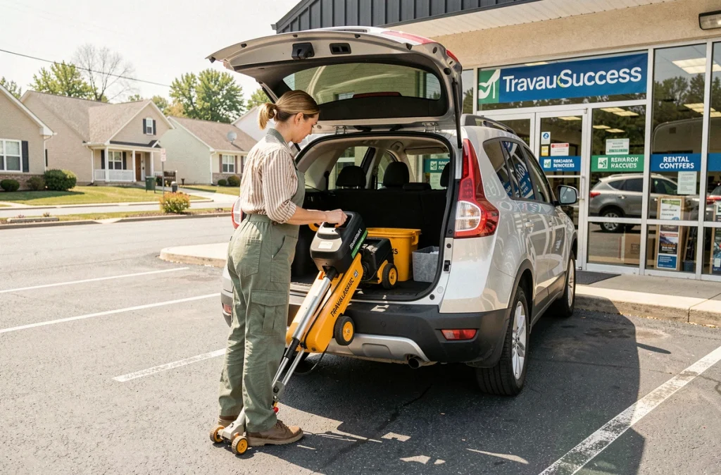 Femme chargeant une ponceuse de sol professionnelle louée à la journée dans son SUV devant une agence de location d'outils de bricolage
