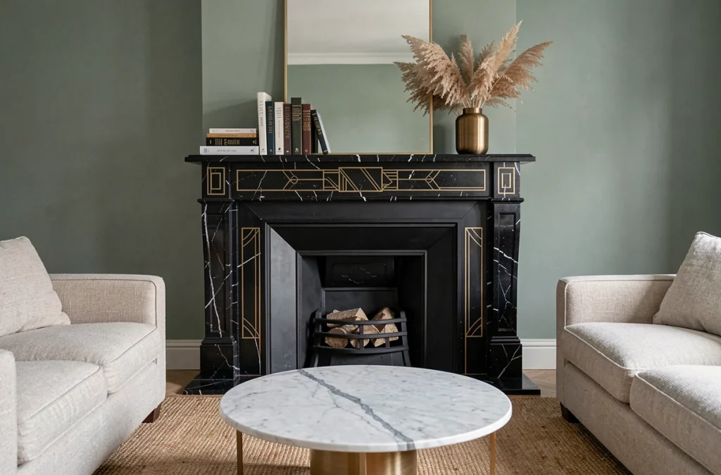 Cheminée Art Déco rénovée en marbre noir avec incrustations en laiton dans un salon parisien moderne aux murs vert sauge