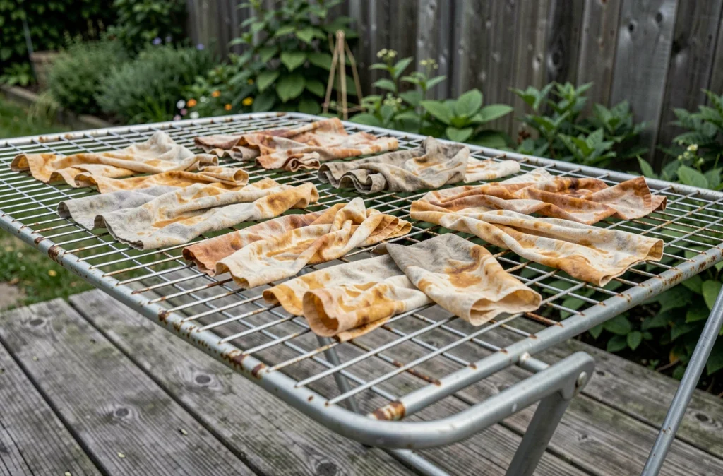 Chiffons imbibés d'huile de lin étalés séparément sur un séchoir extérieur pour éviter tout risque d'incendie