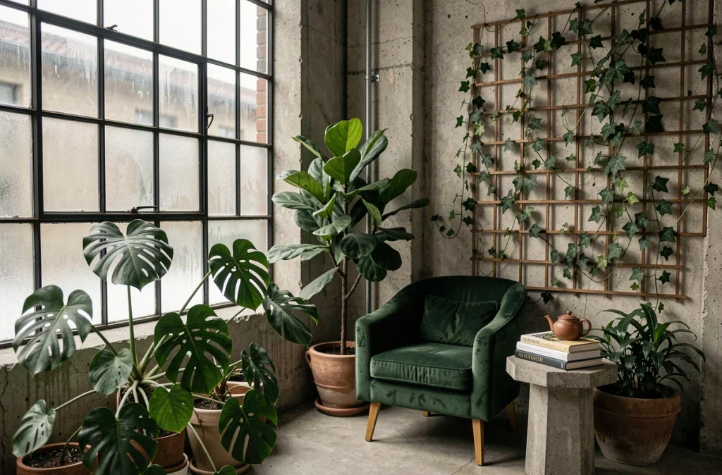 Coin lecture cosy intégré dans un jardin d'hiver intérieur d'un loft industriel avec de grandes plantes tropicales