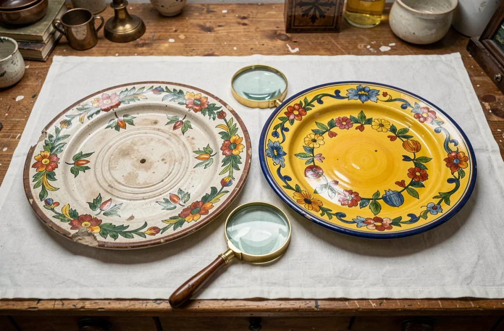 Comparaison côte à côte d'une assiette de Moustiers XVIIIe siècle originale et d'une reproduction du XXe siècle pour identifier les différences d'authenticité