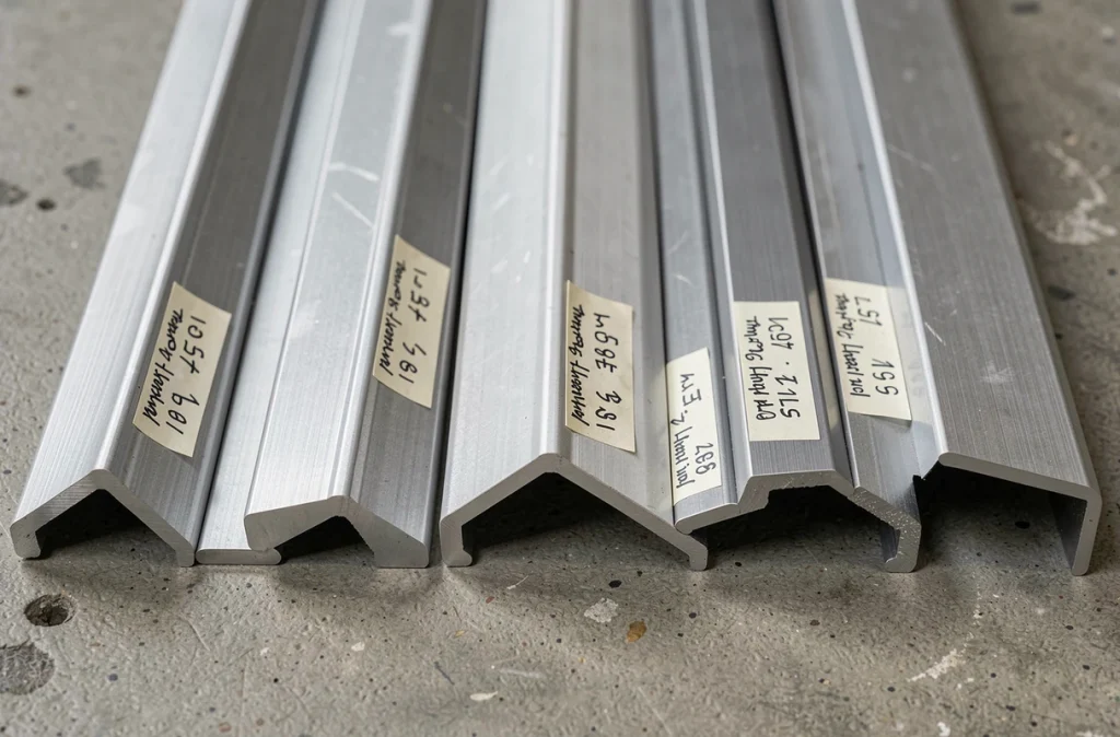Plusieurs cornières en aluminium de différentes dimensions disposées côte à côte pour comparaison de profils en L