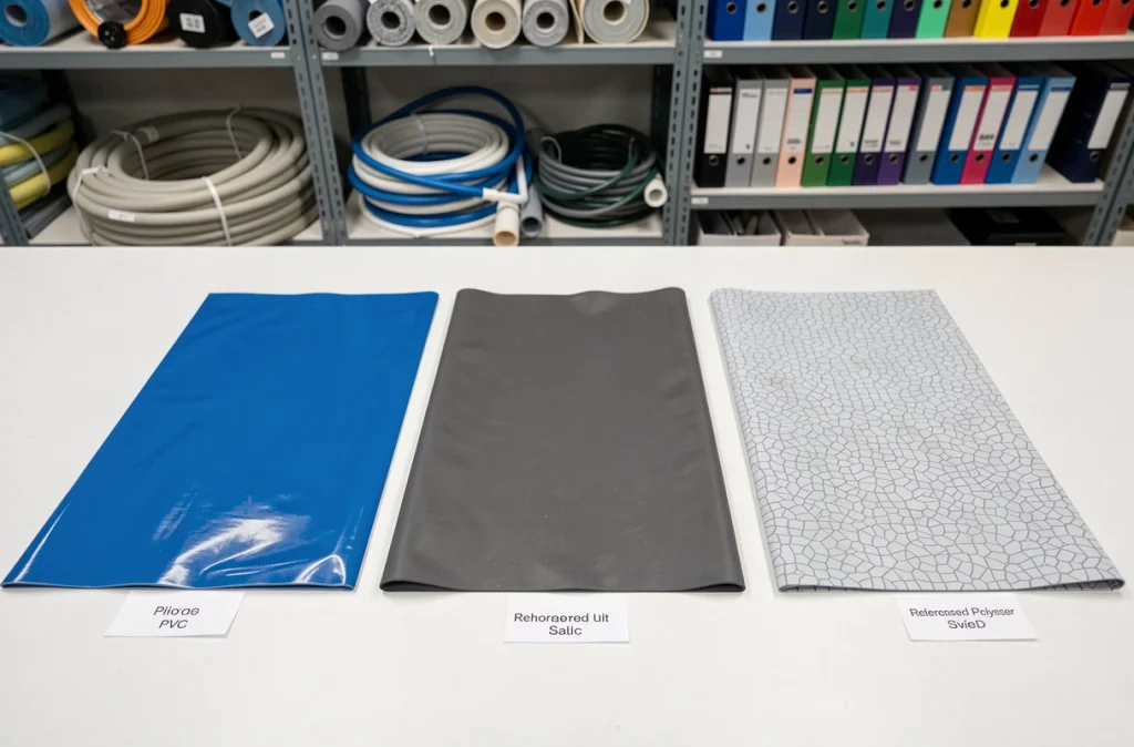 Comparaison de trois échantillons de matériaux pour liner de piscine : PVC, géomembrane et polyester renforcé, posés sur un établi