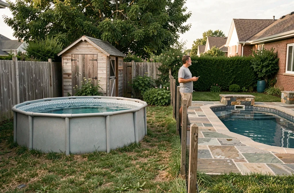 Comparaison entre une piscine hors sol ronde et une piscine enterrée visible dans deux jardins mitoyens séparés par une clôture