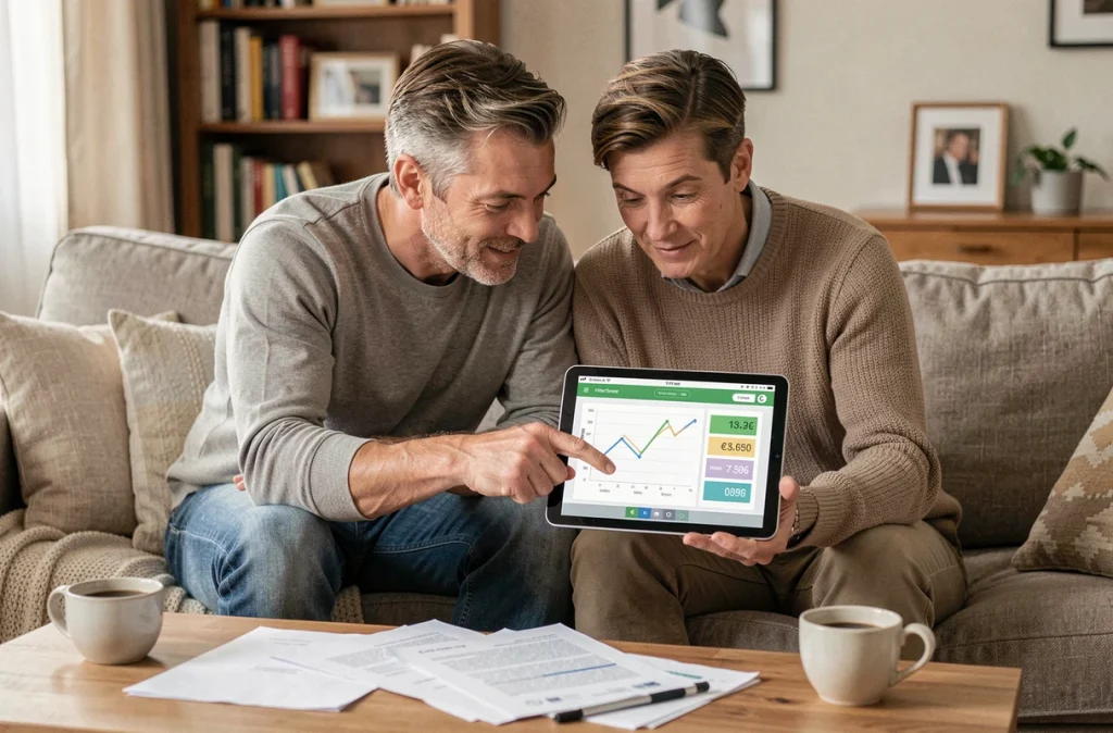Couple analysant ensemble des graphiques de consommation d'énergie en euros sur une tablette dans leur salon