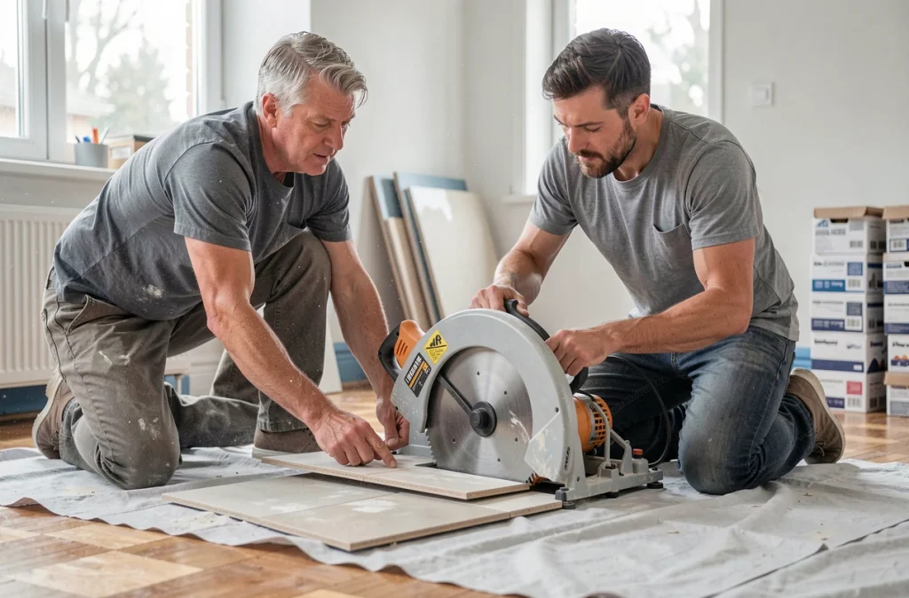 Couple utilisant une coupe-carrelage professionnelle louée pour un week-end de rénovation de salon en travaux