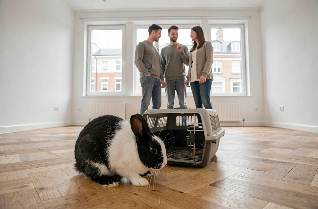 Couple dans un nouvel appartement vide avec leur lapin domestique qui explore l'espace lors d'un emménagement