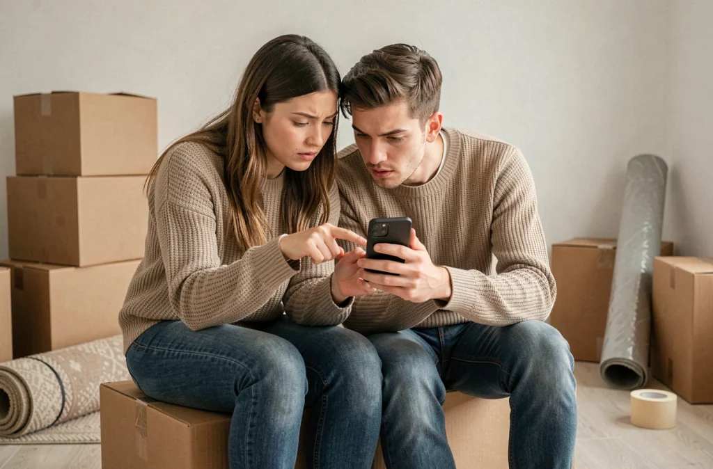Couple vérifiant une liste de démarches administratives sur smartphone lors d'un déménagement