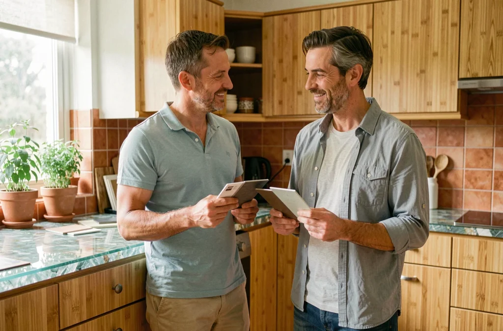 Couple découvrant des matériaux durables comme le bambou et le verre recyclé pour leur cuisine rénovée