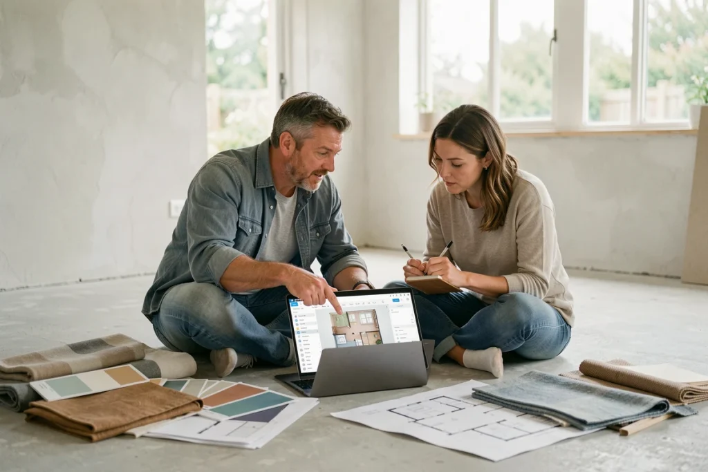 Couple planifiant la décoration intérieure avec des échantillons de matériaux et un outil de design virtuel avant travaux