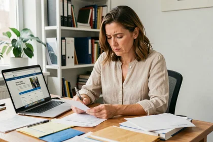 Femme consultant des documents administratifs pour un changement d'adresse à son bureau à domicile