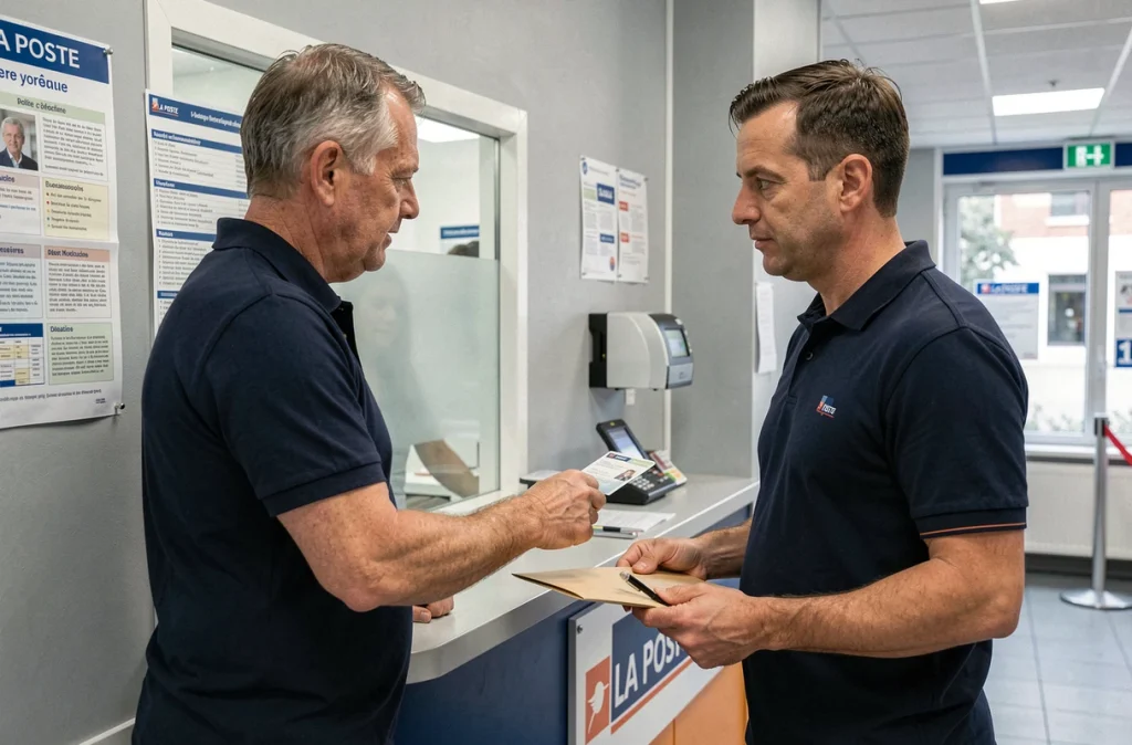 Homme déposant des documents administratifs à un guichet officiel lors d'un changement d'adresse