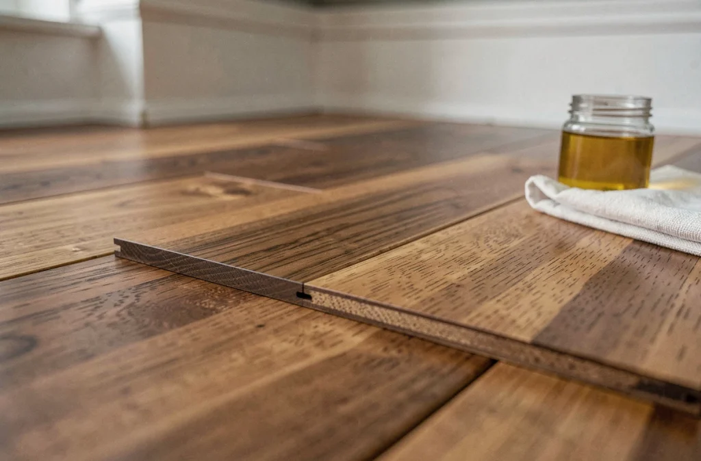 Détail de lames de parquet massif en noyer avec finition huile satinée et joints visibles lors d'une pose en rénovation