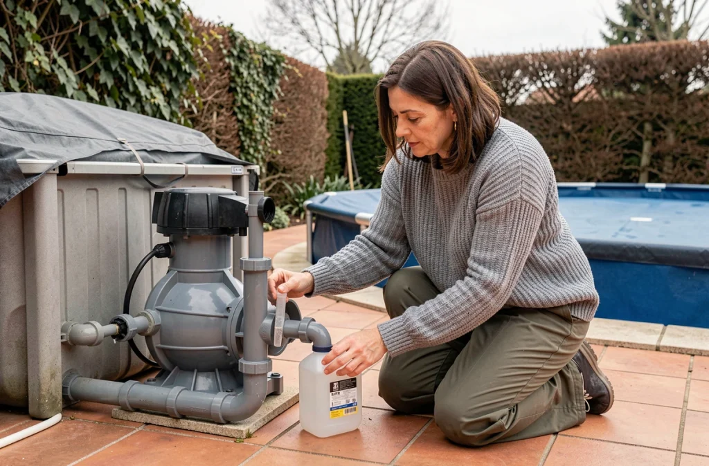 Femme ajoutant du produit antigel dans le système de filtration d'une piscine extérieure en hiver
