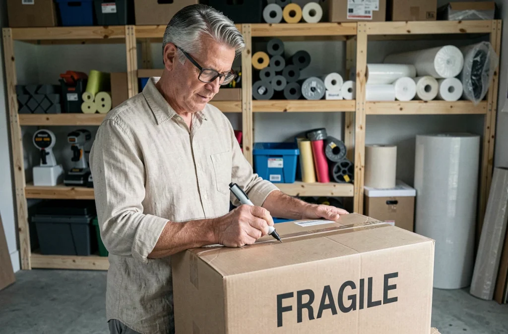 Homme écrivant Fragile sur un carton de déménagement bien fermé dans un garage organisé avec des fournitures d'emballage
