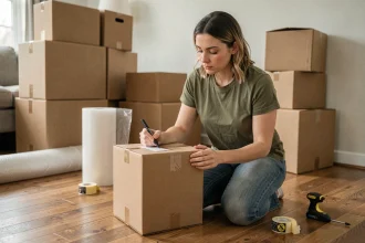 Femme en train d'étiqueter des cartons de déménagement dans un salon partiellement vidé