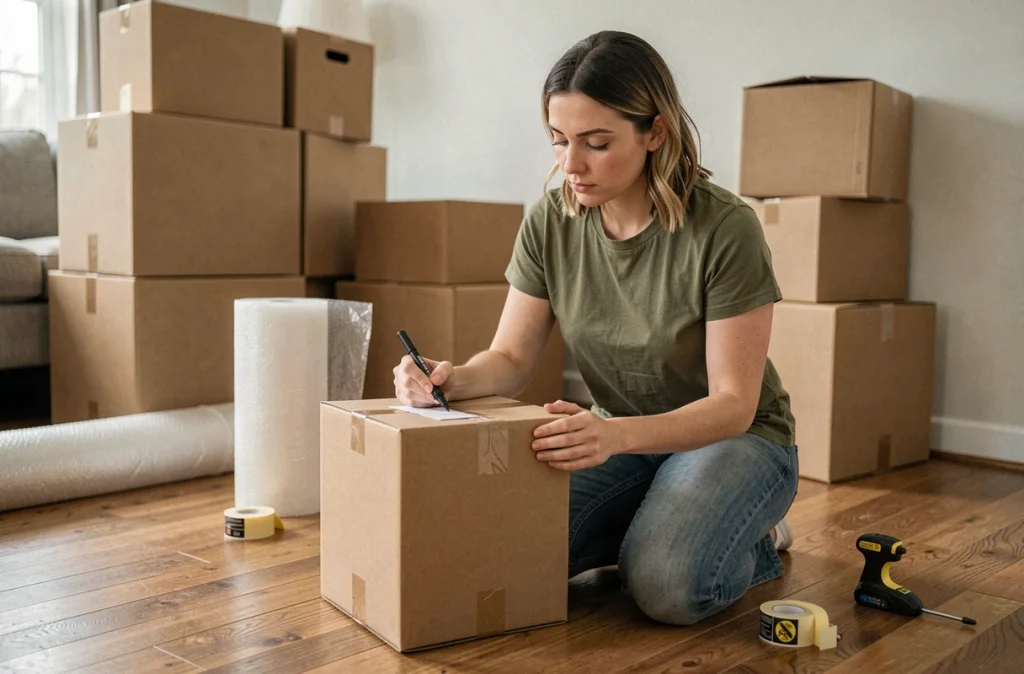Femme en train d'étiqueter des cartons de déménagement dans un salon partiellement vidé