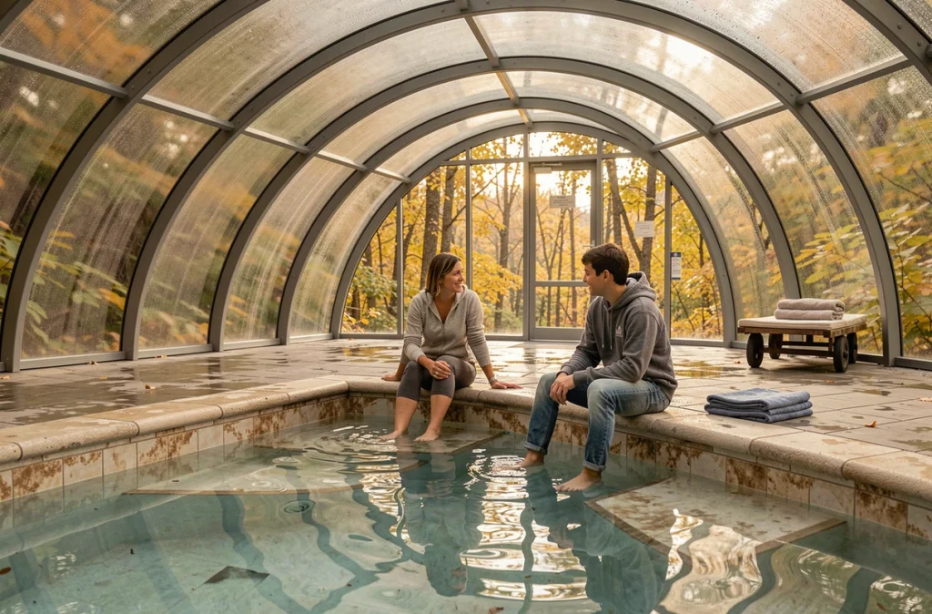 Famille profitant d'une baignade sous un abri de piscine voûté en automne entouré d'arbres aux feuilles dorées