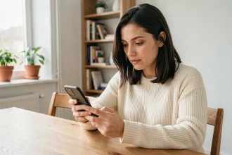 Femme utilisant l'application mobile lamaison360 pour consulter des services immobiliers sur son smartphone dans un appartement moderne