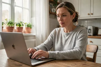 Femme utilisant un calculateur de consommation d'énergie en euros sur un ordinateur portable dans une cuisine moderne