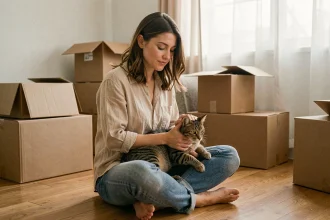 Femme assise sur le parquet entourée de cartons de déménagement qui caresse son chat pour le rassurer avant un changement de logement